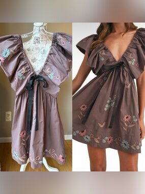 MABLE Galatea Bow Ruffle Sleeve Babydoll Mini Dress in Dark Plum Embroidered